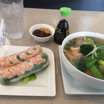 Pho DK - Shrimp Spring Rolls and shrimp pho in beef broth added steamed vegetables. Amazing! - Vietnamese Near Me - Dallas, Texas Pho DK - Shrimp Spring Rolls and shrimp pho in beef broth added steamed vegetables. Amazing! - Vietnamese Near Me - Dallas, Texas