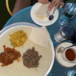 Zemam's - Zemam's Combination Sampler with chicken, beef and vegetables and the Ethiopian tea