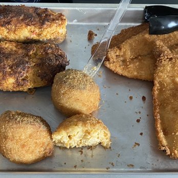 American Crab Co - Fried Flounder on the right, Mac and cheese crab balls left side front and stuffed potato's back left. - Seafood Near Me - Feasterville Trevose, Pennsylvania American Crab Co - Fried Flounder on the right, Mac and cheese crab balls left side front and stuffed potato's back left. - Seafood Near Me - Feasterville Trevose, Pennsylvania