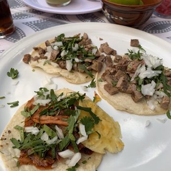 El Santo Taco - Two sirloin and one Pastor (pork) taco - Tacos Near Me - Puerto Vallarta, JAL