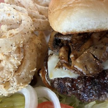 The SmokeStack Restaurant - Mushroom Swiss and onion rings - American Near Me - Thurber, Texas