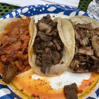 El Chile Toreado - From left to right: alpastor (pork), carne asada (steak), and buche (pork stomach) without any grilled veggies or additional sauce. - Mexican Near Me - Santa Fe, New Mexico