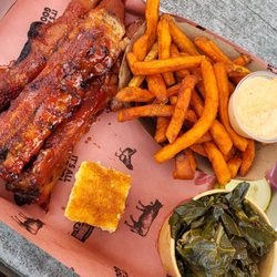 The Lancaster Smokehouse - Pig Tail with sweet potato fries and collard greens