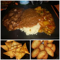 Balafon - Top: soupikandia (Guinea) with couscous and beef chunks. Bottom: shrimp samosas/ rosemary akra