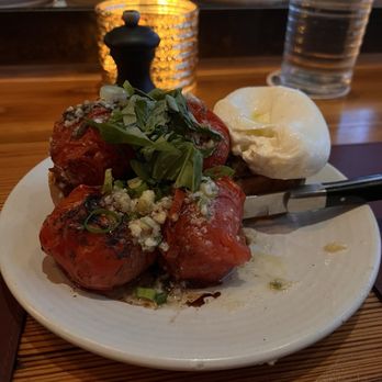 Red Ash - Wood roasted vine tomatoes and burrata - Italian Near Me - Austin, Texas Red Ash - Wood roasted vine tomatoes and burrata - Italian Near Me - Austin, Texas