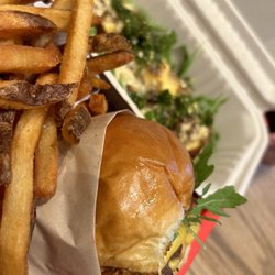 Swizzler Crispy Chicken + Smash Burgers - Signature Cheeseburger, fries, hot dog no bun