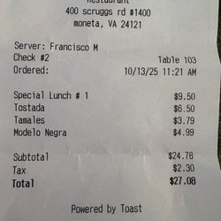 El Sinaloense - Sales ticket for meal.