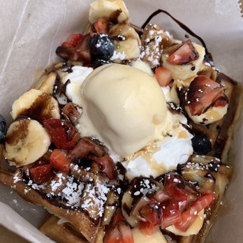 Platform 909 - Mochi waffle with strawberries, bananas, and ice cream - Coffee & Tea Near Me - Chino Hills, California Platform 909 - Mochi waffle with strawberries, bananas, and ice cream - Coffee & Tea Near Me - Chino Hills, California