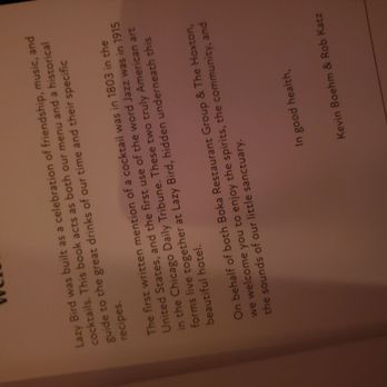 Lazy Bird - Menu book intro - Cocktail Bars Near Me - Chicago, Illinois
