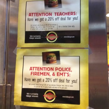 Fatburger & Buffalo's Express - Deals for teachers , police, fireman and EMT's - Burgers Near Me - Los Angeles, California Fatburger & Buffalo's Express - Deals for teachers , police, fireman and EMT's - Burgers Near Me - Los Angeles, California
