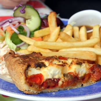 Julia's Cafe Bistro - Feta and tomato tart with chips and a side salad. - Coffee & Tea Near Me - Stromness, ORK
