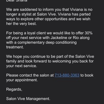 Salon Vive - This is the email they would not honor until I mentioned Yelp. - Hair Salons Near Me - Houston, Texas