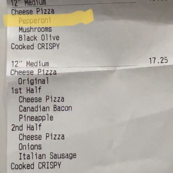 Flying Pie Pizzaria - Receipt showing I paid for pepperoni item. - Pizza Near Me - Meridian, Idaho