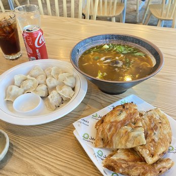 Joyee's Dumpling House - Poway - Left: Chicken and Corn Dumpling(12)  Middle: Braised Beef Noodle Soup Right: Scallion pancakes - Chinese Near Me - Poway, California