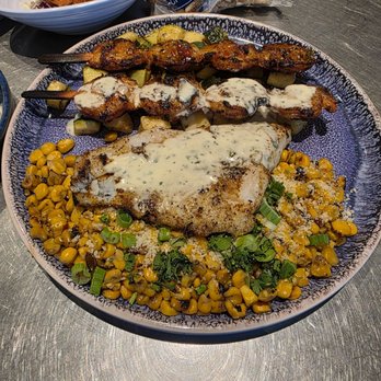 California Fish Grill - Swai grilled fish and shrimp skewer  Street Corn and veggies - Seafood Near Me - Las Vegas, Nevada