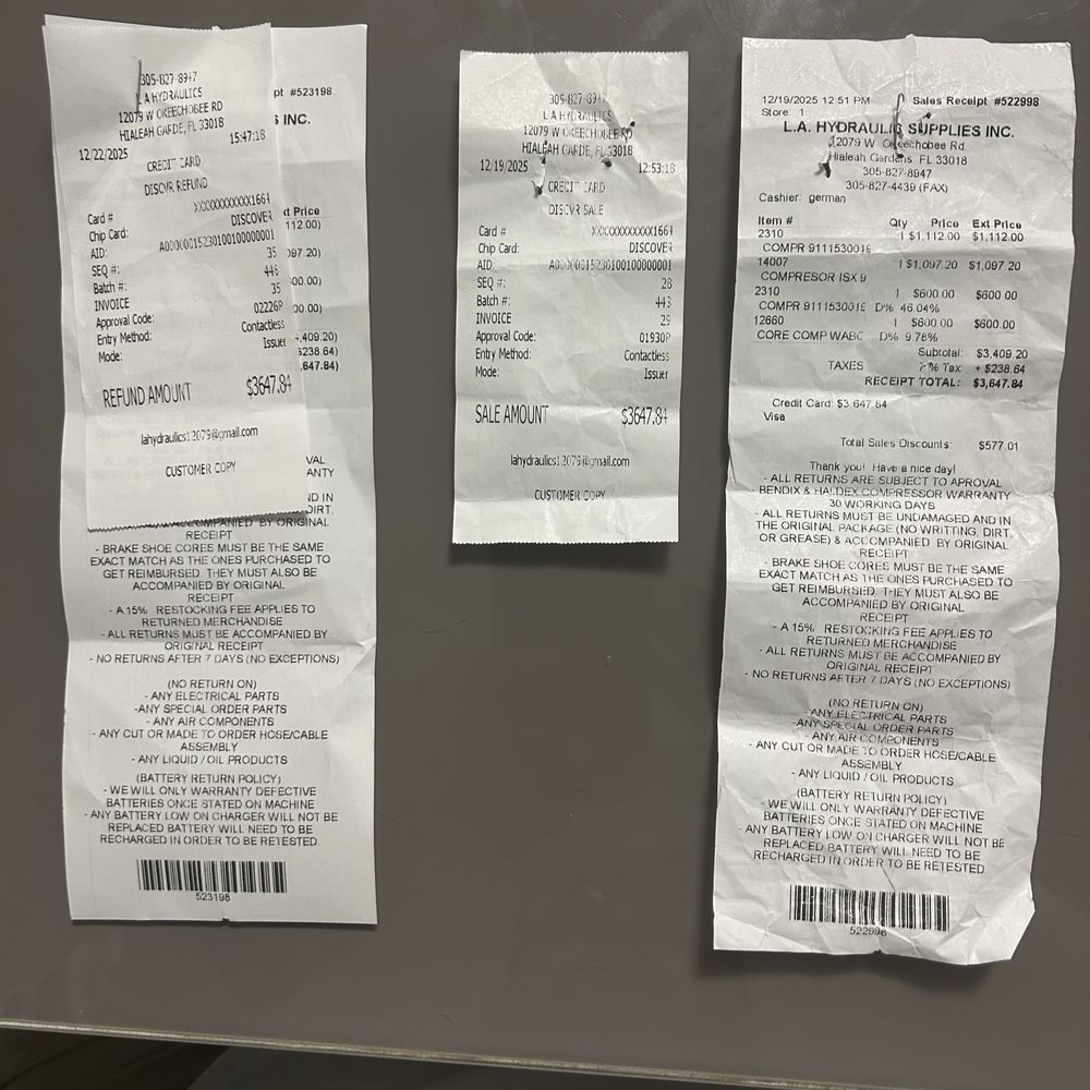 L & A Hydraulic Supplies - Este es el comprobante de su tienda con los precios exagerados que tienen hasta el cored cobran 600 dólares y solo 6 meses de garantía - Hialeah, Florida L & A Hydraulic Supplies - Este es el comprobante de su tienda con los precios exagerados que tienen hasta el cored cobran 600 dólares y solo 6 meses de garantía - Hialeah, Florida