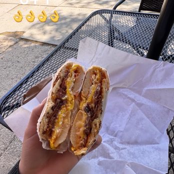Poppy's Bagel - Bacon fried eggs cheese on everything bagel with a little bit of ketchup and mayonnaise! - Bagels Near Me - Amityville, New York Poppy's Bagel - Bacon fried eggs cheese on everything bagel with a little bit of ketchup and mayonnaise! - Bagels Near Me - Amityville, New York