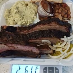 Brisket and Rib Plate with homemade potato salad and smoked beans