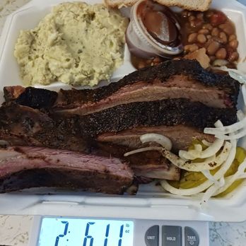 Charlie Ro’s BBQ - Brisket and Rib Plate with homemade potato salad and smoked beans - Barbeque Near Me - Taylor, Texas