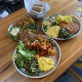 Cafe Colucci - Veggie combo, meat combo and shrimp nibs - Ethiopian Near Me - Oakland, California Cafe Colucci - Veggie combo, meat combo and shrimp nibs - Ethiopian Near Me - Oakland, California