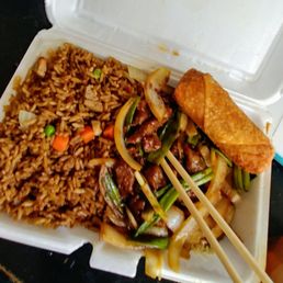 My Mongolian beef and fried rice with additional egg roll @ Hot Wok, Brandon My Mongolian beef and fried rice with additional egg roll @ Hot Wok, Brandon