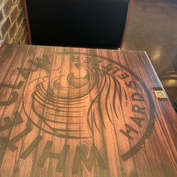 a table with a sign on it
