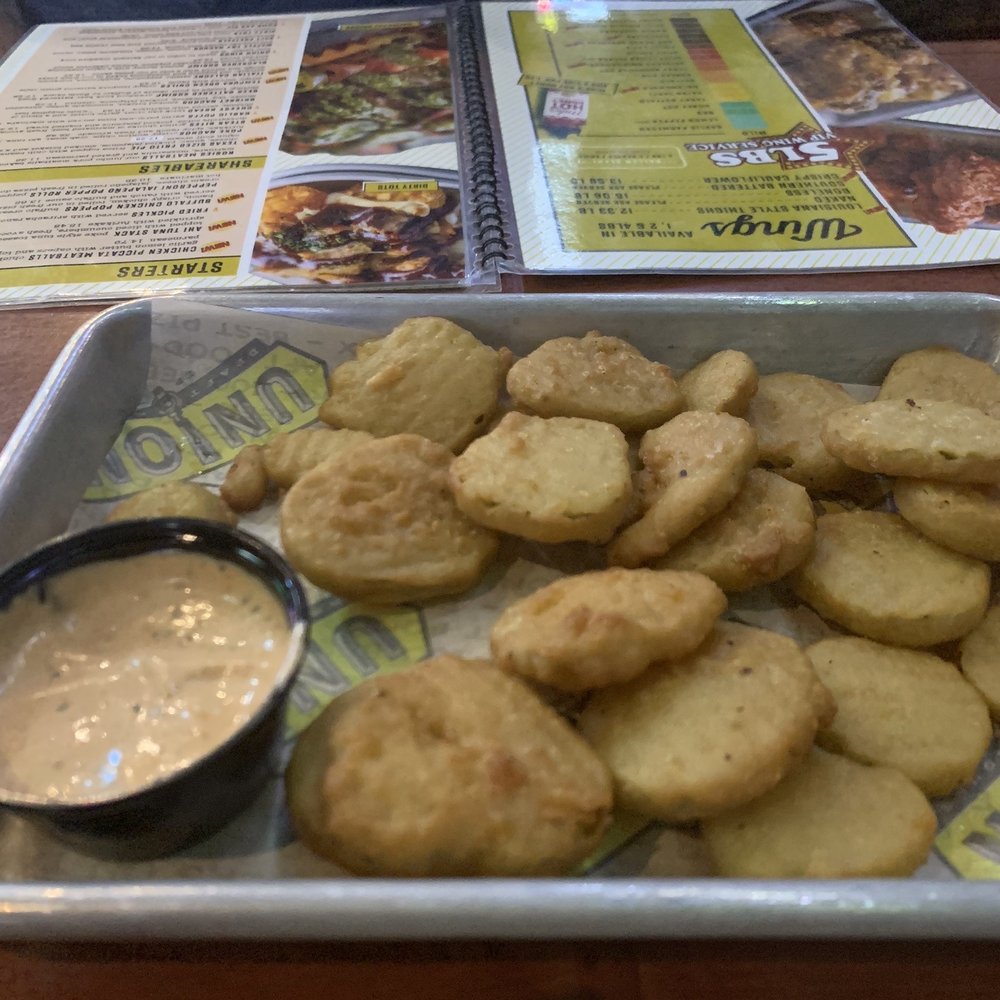 The Union Draft House - Fried pickle chips with Sriracha ranch - Sports Bars Near Me - El Paso, Texas The Union Draft House - Fried pickle chips with Sriracha ranch - Sports Bars Near Me - El Paso, Texas