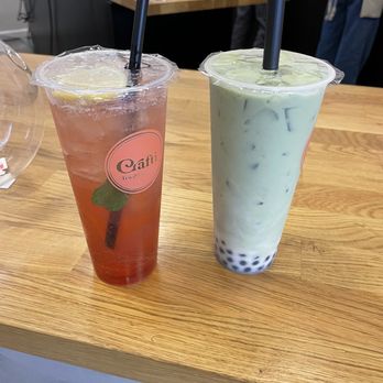 Crafti Tea & Mocktail - Rose lychee sparkler on left and lavender matcha boba tea on right. - Bubble Tea Near Me - Mesa, Arizona