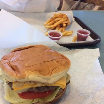 Giant Hamburgers - GIANT cheeseburger, grilled onions and pickles with fry's. Soooooo good. - Burgers Near Me - Mesa, Arizona Giant Hamburgers - GIANT cheeseburger, grilled onions and pickles with fry's. Soooooo good. - Burgers Near Me - Mesa, Arizona
