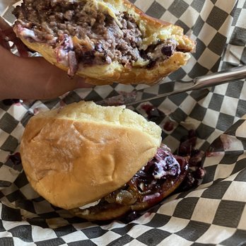 Whitefish Handcrafted Spirits - Huckleberry burger with goat cheese. - Desserts Near Me - Kalispell, Montana Whitefish Handcrafted Spirits - Huckleberry burger with goat cheese. - Desserts Near Me - Kalispell, Montana