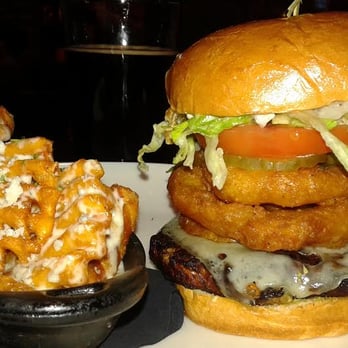 Henry's Tavern - A very elaboate (veggie) burger with Gorgonzola Waffle Fries! - New American Near Me - Denver, Colorado