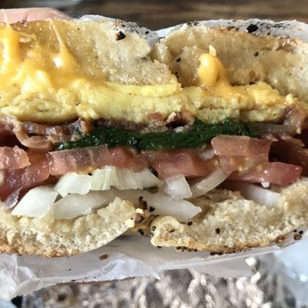 Utopia Bagels - Toasted everything bagel with bacon egg cheese tomato onion and spinach. YUMMMM - Bakeries Near Me - Whitestone, New York Utopia Bagels - Toasted everything bagel with bacon egg cheese tomato onion and spinach. YUMMMM - Bakeries Near Me - Whitestone, New York
