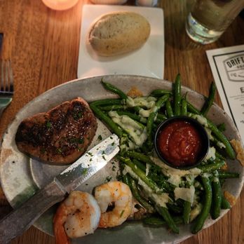 Driftless Social - Filet with sauteed shrimp, side of green beans covered in Parmesan curls - Bars Near Me - Mount Horeb, Wisconsin