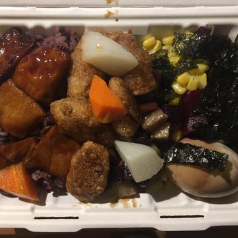 Tofubox - Custom box of purple rice, braised tofu, seitan drunken tofu special, a tea egg, and some veggie sides topped with seaweed - Vegetarian Near Me - Brooklyn, New York Tofubox - Custom box of purple rice, braised tofu, seitan drunken tofu special, a tea egg, and some veggie sides topped with seaweed - Vegetarian Near Me - Brooklyn, New York
