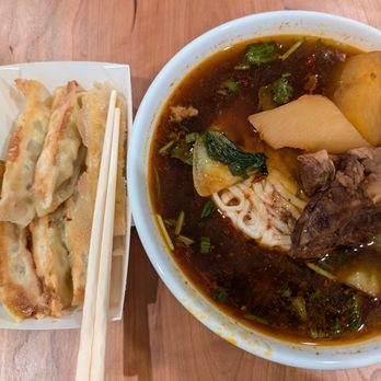 Bafang Dumpling - Chicken and corn potstickers and spicy beef noodle soup. - Taiwanese Near Me - Irvine, California