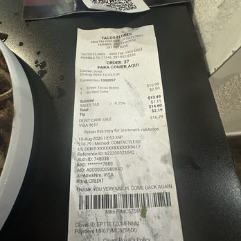 Tacos Flores - Receipt with Street Tacos and a Bottled Drink - Mexican Near Me - Humble, Texas Tacos Flores - Receipt with Street Tacos and a Bottled Drink - Mexican Near Me - Humble, Texas