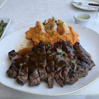 The Olive Restobar - Surf and turf. Ribeye, shrimp and mashed potatoes - Mediterranean Near Me - Downey, California The Olive Restobar - Surf and turf. Ribeye, shrimp and mashed potatoes - Mediterranean Near Me - Downey, California
