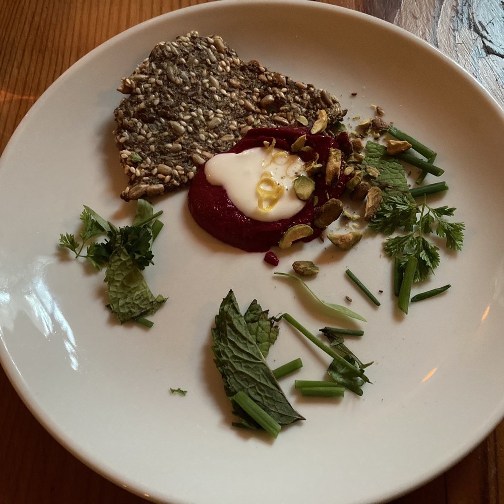 Forage - Multigrain cracker with beet puree - Wine Bars Near Me - Cambridge, Massachusetts Forage - Multigrain cracker with beet puree - Wine Bars Near Me - Cambridge, Massachusetts