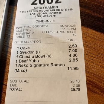 Neko Ramen - Receipt - Japanese Near Me - Las Vegas, Nevada Neko Ramen - Receipt - Japanese Near Me - Las Vegas, Nevada