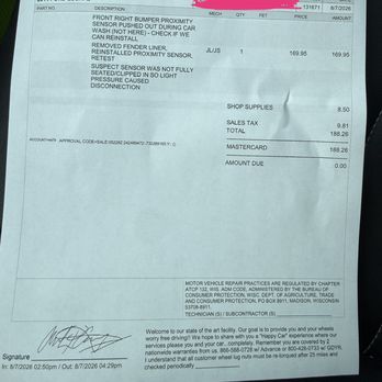 Precision Body & Frame - Bill for getting the proximity sensor properly clipped into its housing. - Body Shops Near Me - Schofield, Wisconsin Precision Body & Frame - Bill for getting the proximity sensor properly clipped into its housing. - Body Shops Near Me - Schofield, Wisconsin