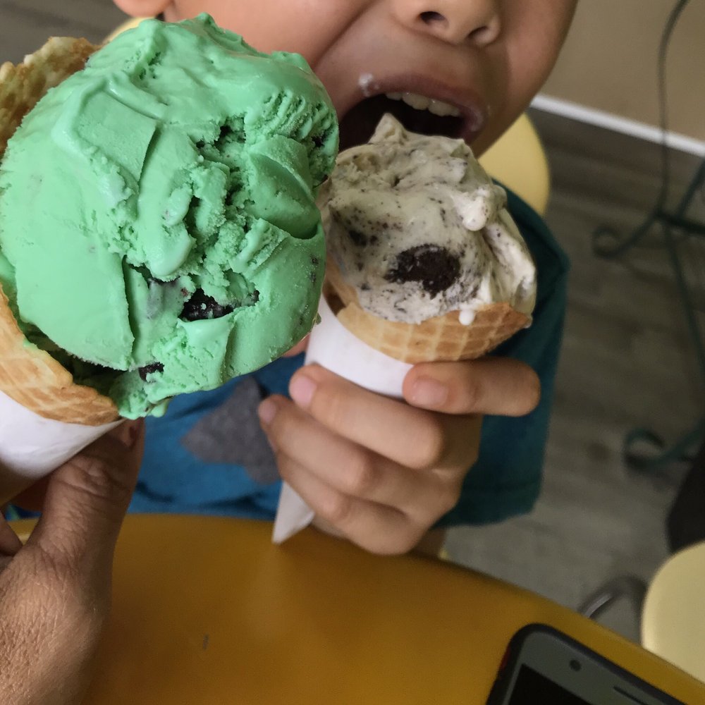 Mint Chocolate Chip, Cookies & Cream in waffle cones. Mint Chocolate Chip, Cookies & Cream in waffle cones.