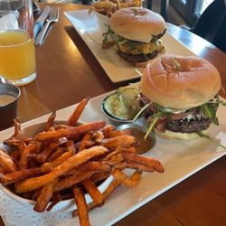 Grazers - green mountain burger with sweet potato fries, full belly burger with regular fries