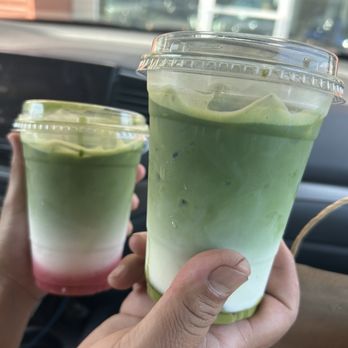 Stories Cafe - Strawberry and pistachio matcha  (His and Her) drinks - Coffee & Tea Near Me - Whittier, California