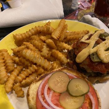 Derailed Diner - Was suppose to be the 3 alarm burger meal! They should have save some of the hot peppers to give to server so it would not arrive cold... - Diners Near Me - Robertsdale, Alabama