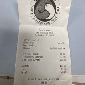 Oscar's Cafe - Receipt not too bad - Mexican Near Me - Springdale, Utah Oscar's Cafe - Receipt not too bad - Mexican Near Me - Springdale, Utah