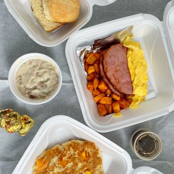 Peach's - Manatee Avenue - Sausage biscuits & Gravy with ham, eggs, potatoes & pancakes - Breakfast & Brunch Near Me - Bradenton, Florida