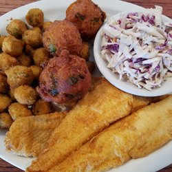 Badeaux's Seafood & Grill - Flounder, hush puppies, fried okra, and coleslaw