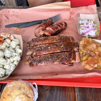 Terry Black's Barbecue - Potato salad, ribs, sausage, peach, cobbler, and cornbread - Barbeque Near Me - Austin, Texas Terry Black's Barbecue - Potato salad, ribs, sausage, peach, cobbler, and cornbread - Barbeque Near Me - Austin, Texas