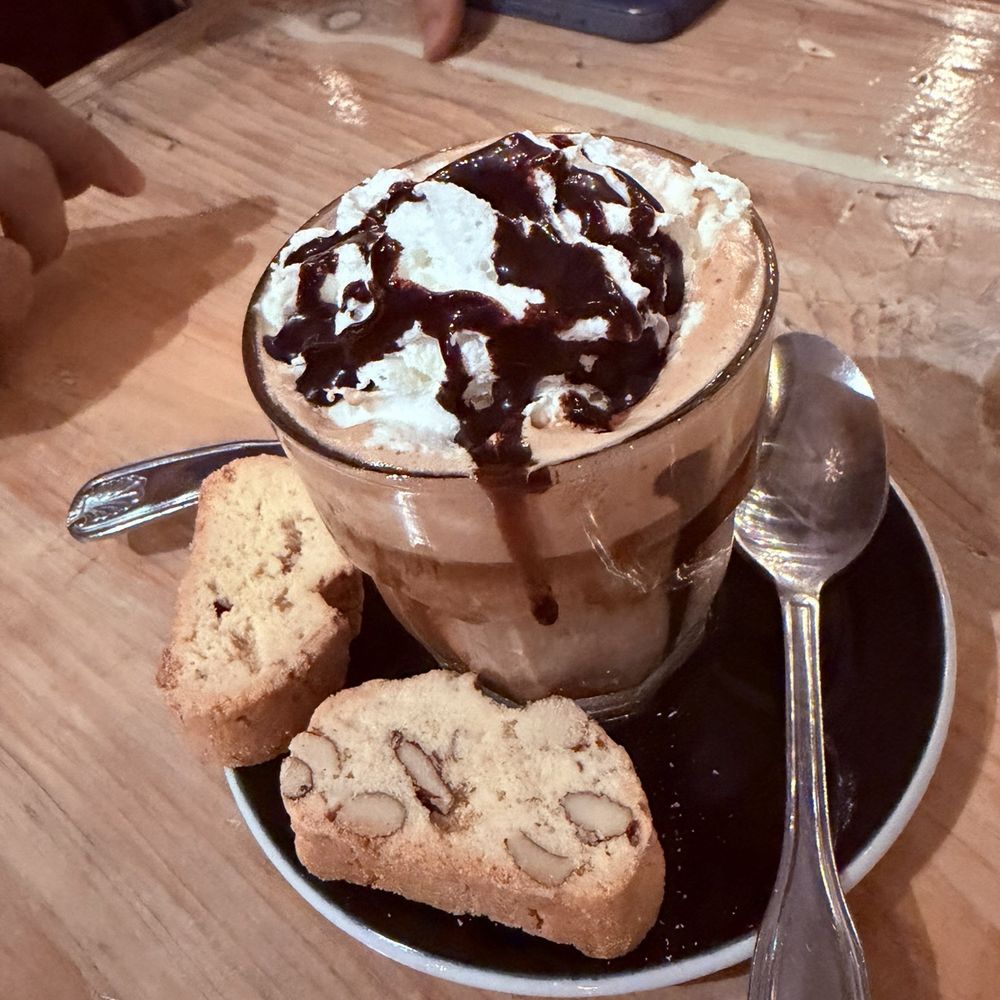 Paluca Trattoria - affogato with whipped cream, chocolate syrup, and biscotti - Italian Near Me - Monterey, California Paluca Trattoria - affogato with whipped cream, chocolate syrup, and biscotti - Italian Near Me - Monterey, California
