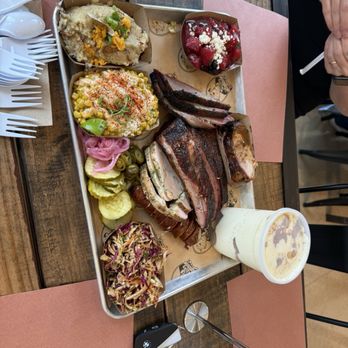 Helberg Barbecue - Variety of food plate we chose. - Barbeque Near Me - Woodway, Texas